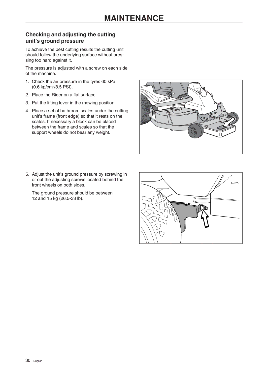 Husqvarna 15V2 manual Checking and adjusting the cutting unit’s ground pressure 