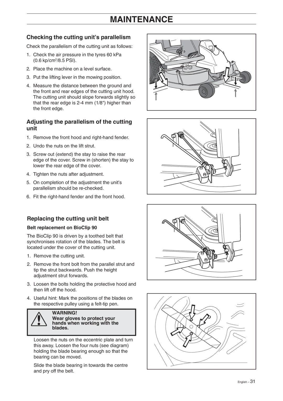 Husqvarna 15V2 manual Checking the cutting unit’s parallelism, Adjusting the parallelism of the cutting unit 