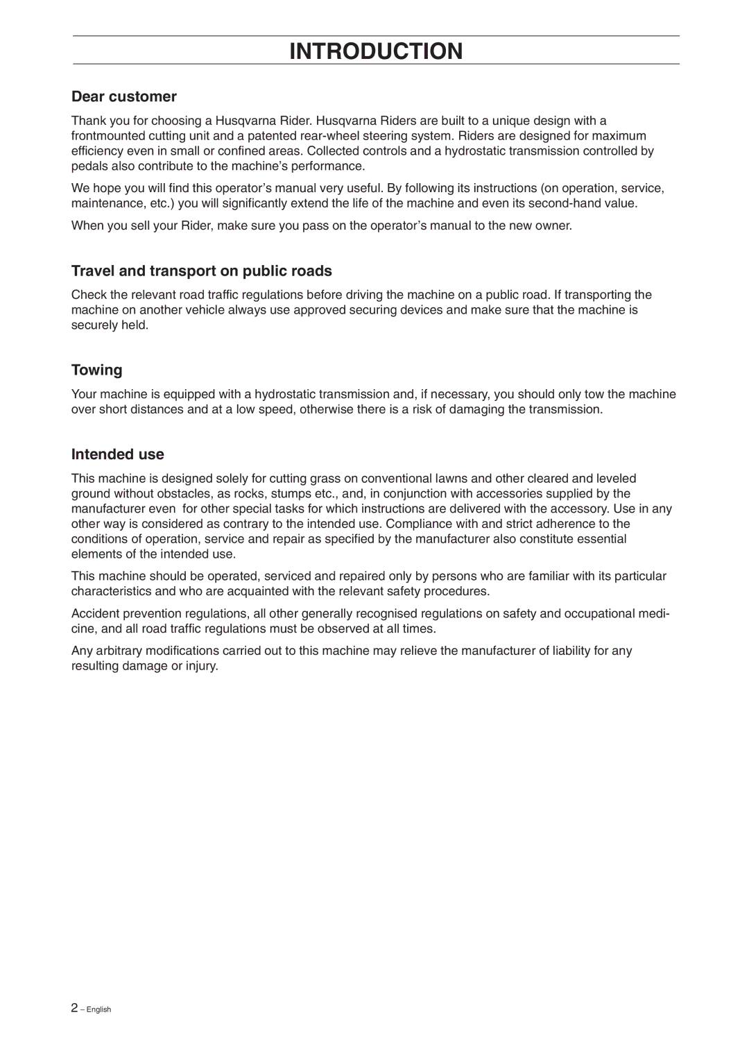 Husqvarna 15V2 manual Introduction, Dear customer, Travel and transport on public roads, Towing, Intended use 