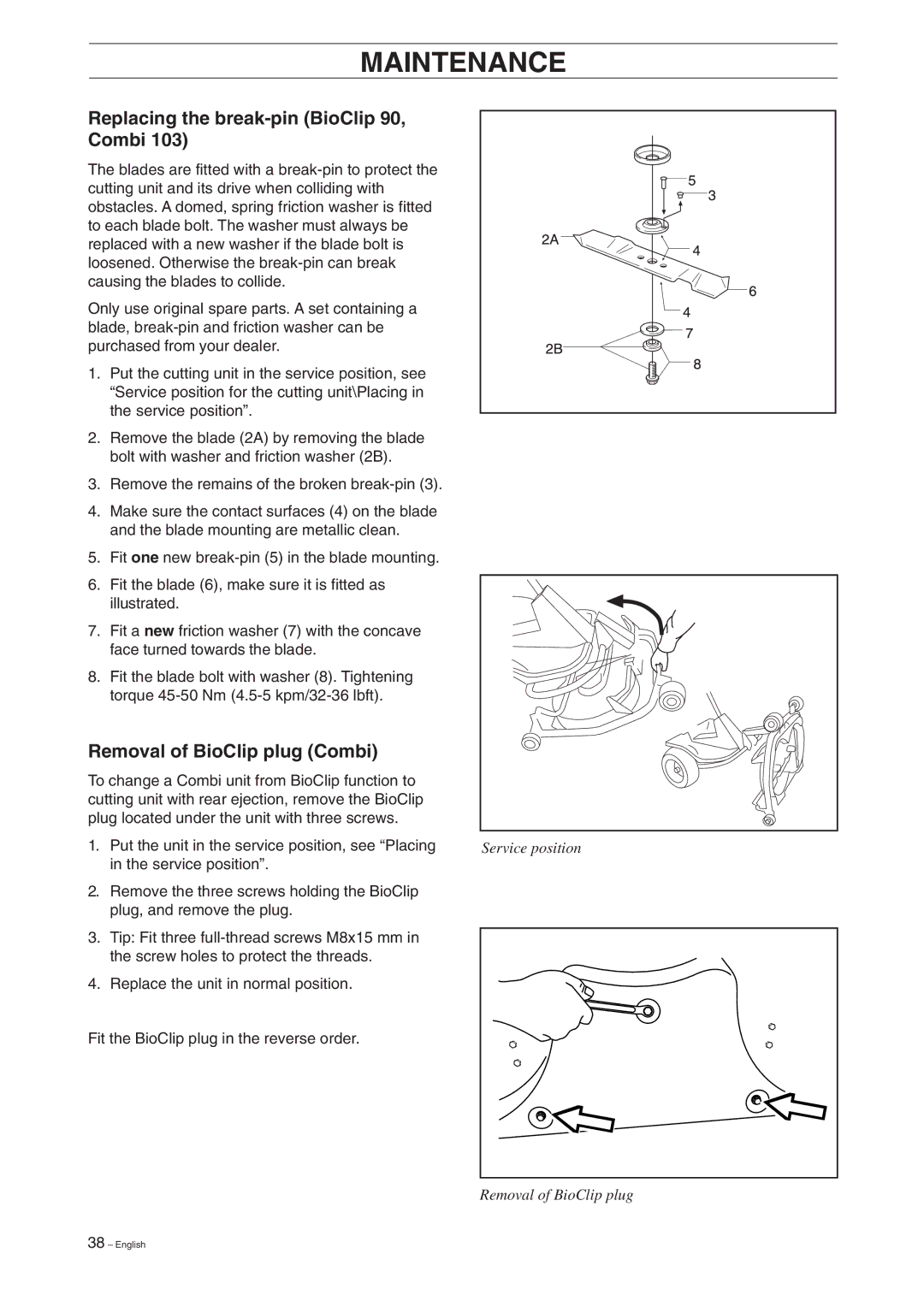 Husqvarna 15V2 manual Replacing the break-pin BioClip 90, Combi, Removal of BioClip plug Combi 