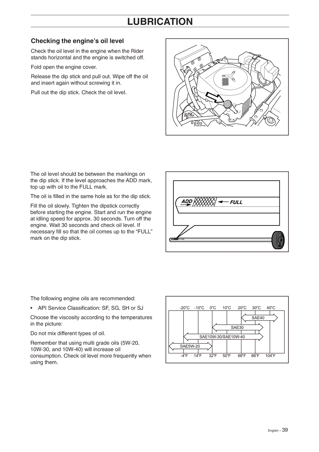 Husqvarna 15V2 manual Lubrication, Checking the engine’s oil level 