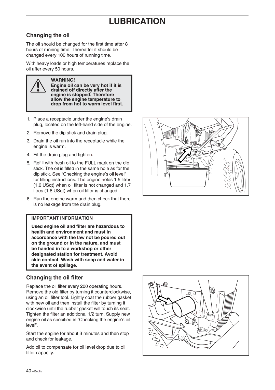 Husqvarna 15V2 manual Changing the oil filter 