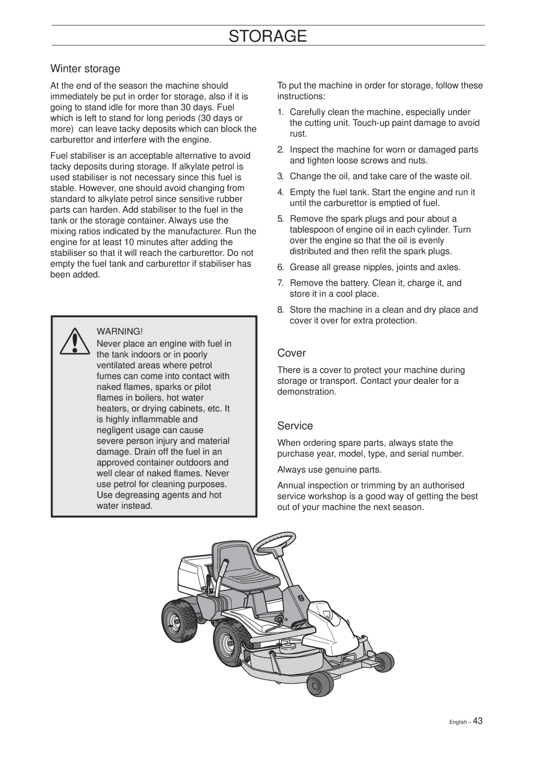 Husqvarna 15V2 manual Storage, Winter storage, Cover, Service 