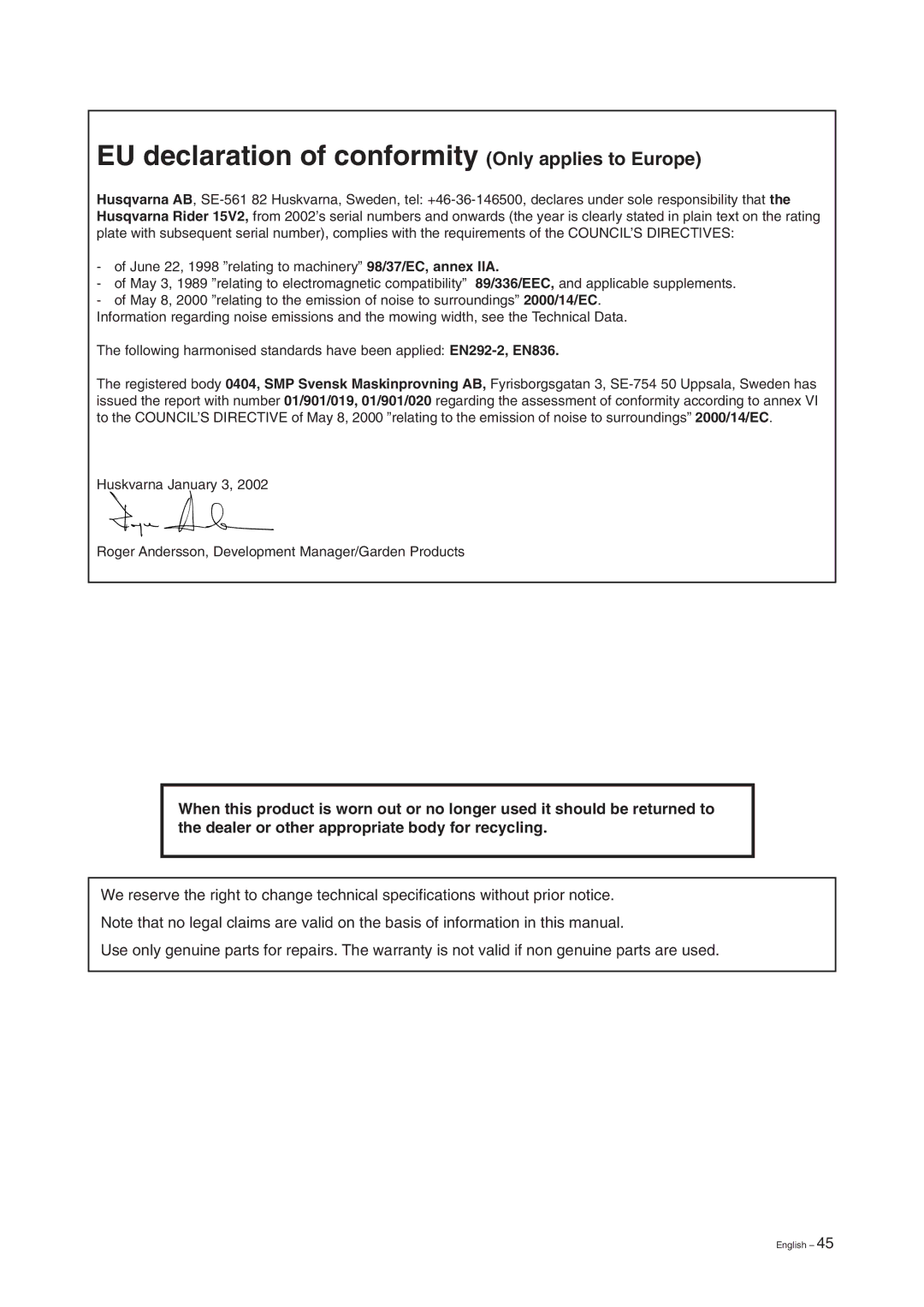 Husqvarna 15V2 manual EU declaration of conformity Only applies to Europe 