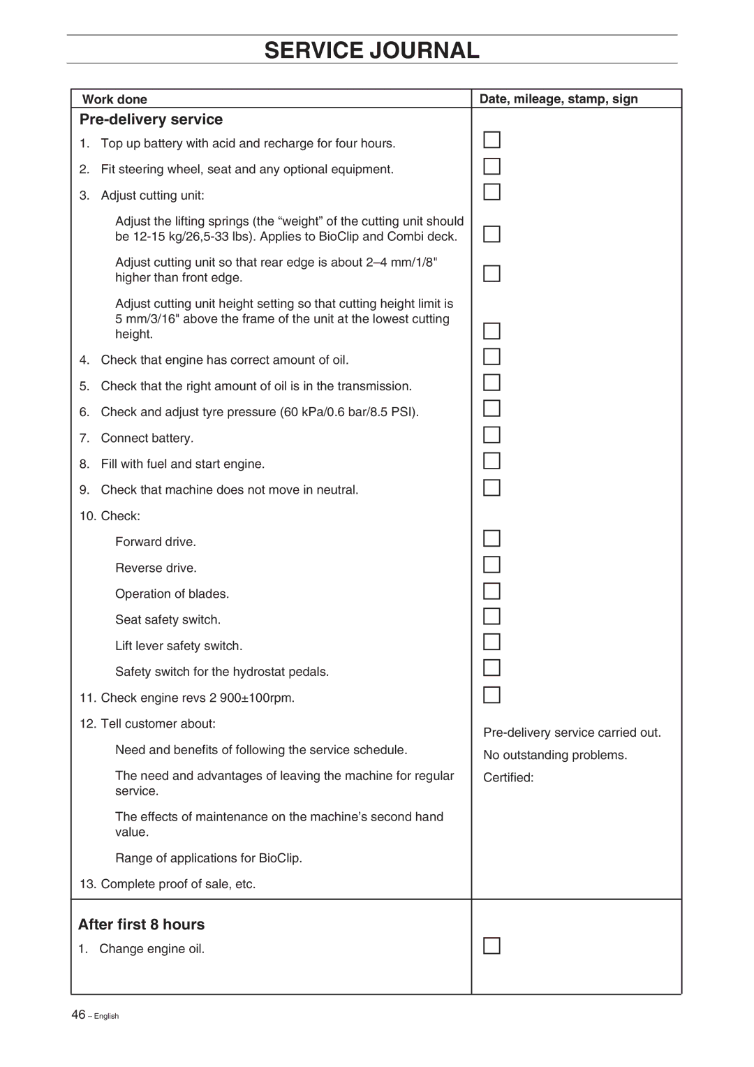 Husqvarna 15V2 manual Service Journal, Pre-delivery service, Work done 