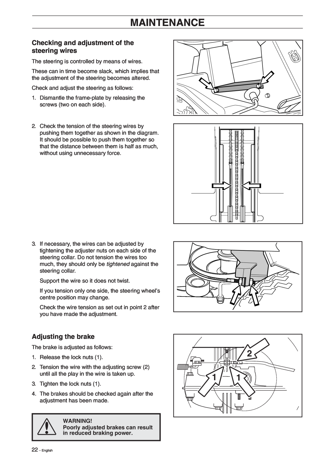 Husqvarna 15V2 manual Checking and adjustment of the steering wires, Adjusting the brake, Maintenance 