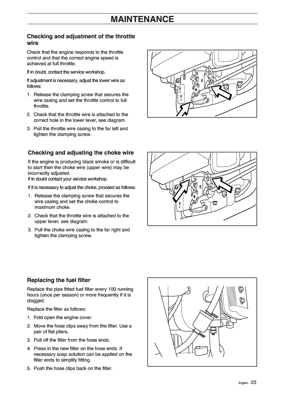Husqvarna 15V2 manual Checking and adjustment of the throttle wire, Checking and adjusting the choke wire, Maintenance 
