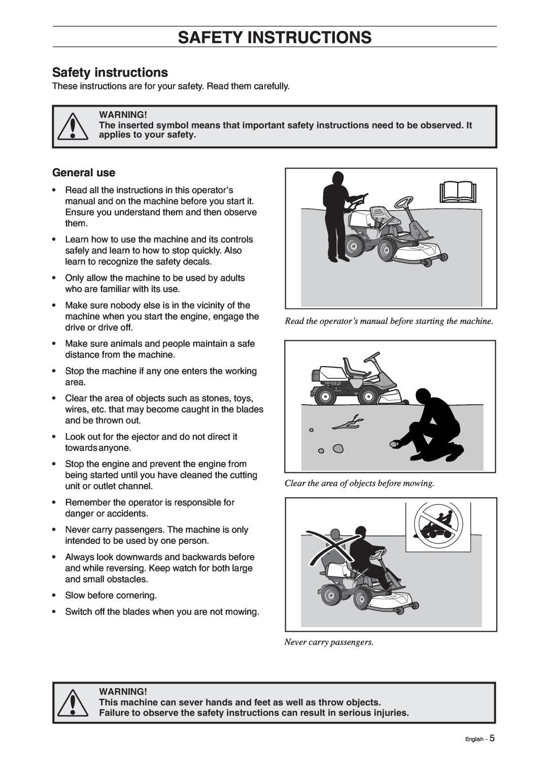 Husqvarna 15V2 manual Safety Instructions, Safety instructions, General use 
