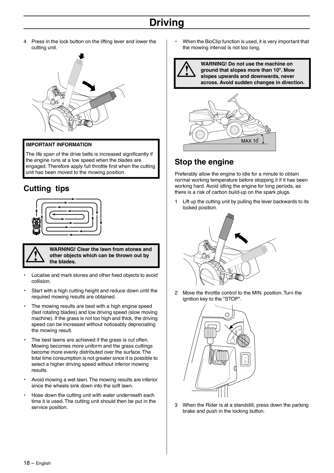 Husqvarna 15V2s AWD manual Cutting tips, Stop the engine, Other objects which can be thrown out by the blades 