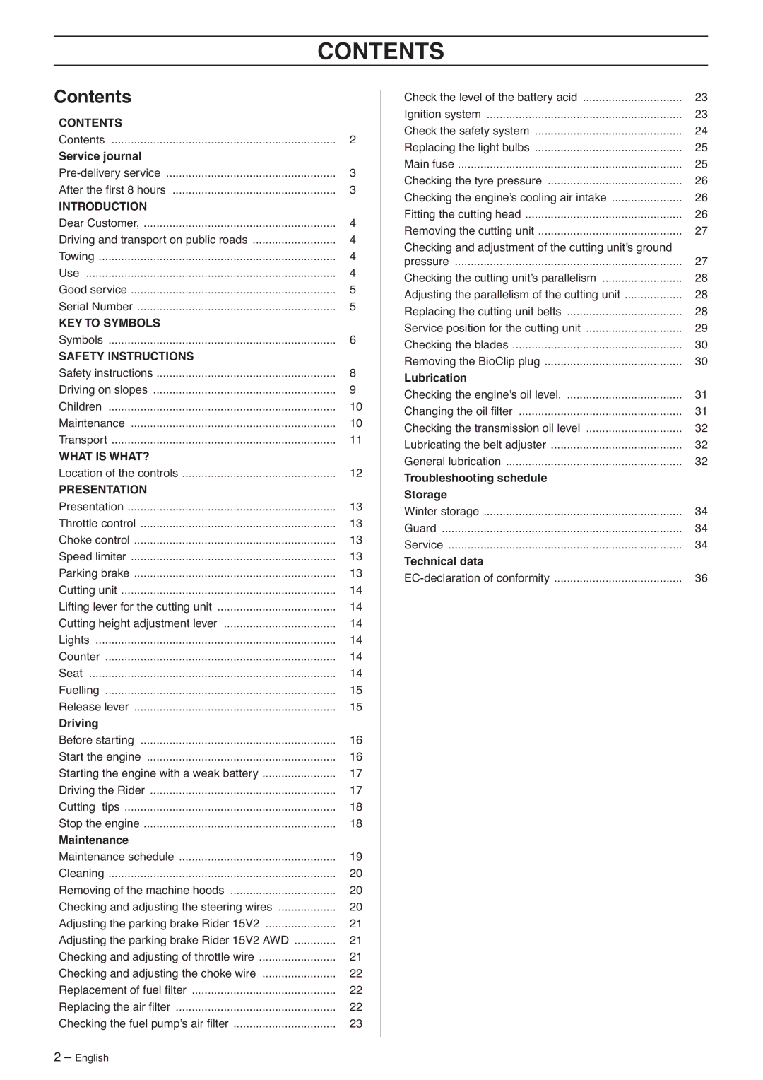 Husqvarna 15V2s AWD manual Contents 