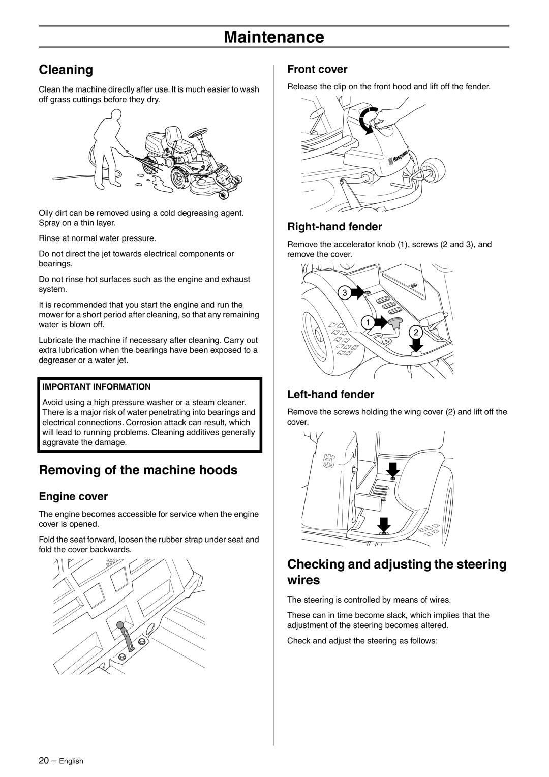 Husqvarna 15V2s AWD manual Cleaning, Removing of the machine hoods, Checking and adjusting the steering wires 