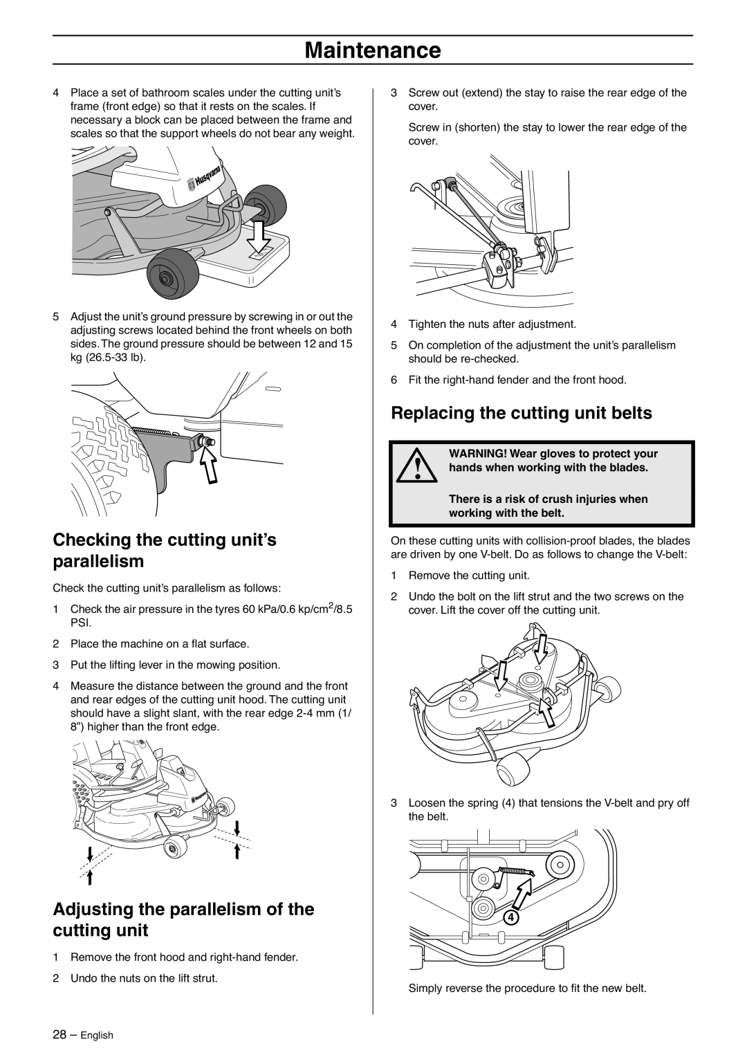 Husqvarna 15V2s AWD manual Checking the cutting unit’s parallelism, Adjusting the parallelism of the cutting unit 