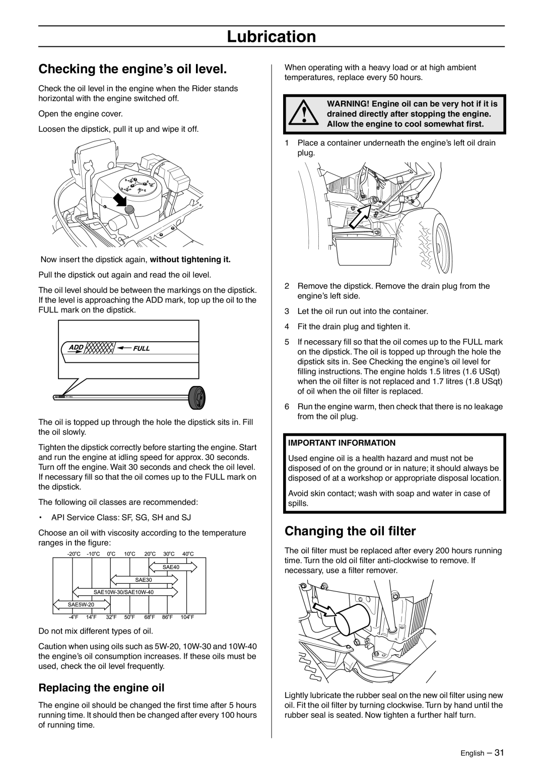 Husqvarna 15V2s AWD manual Lubrication, Checking the engine’s oil level, Changing the oil ﬁlter, Replacing the engine oil 