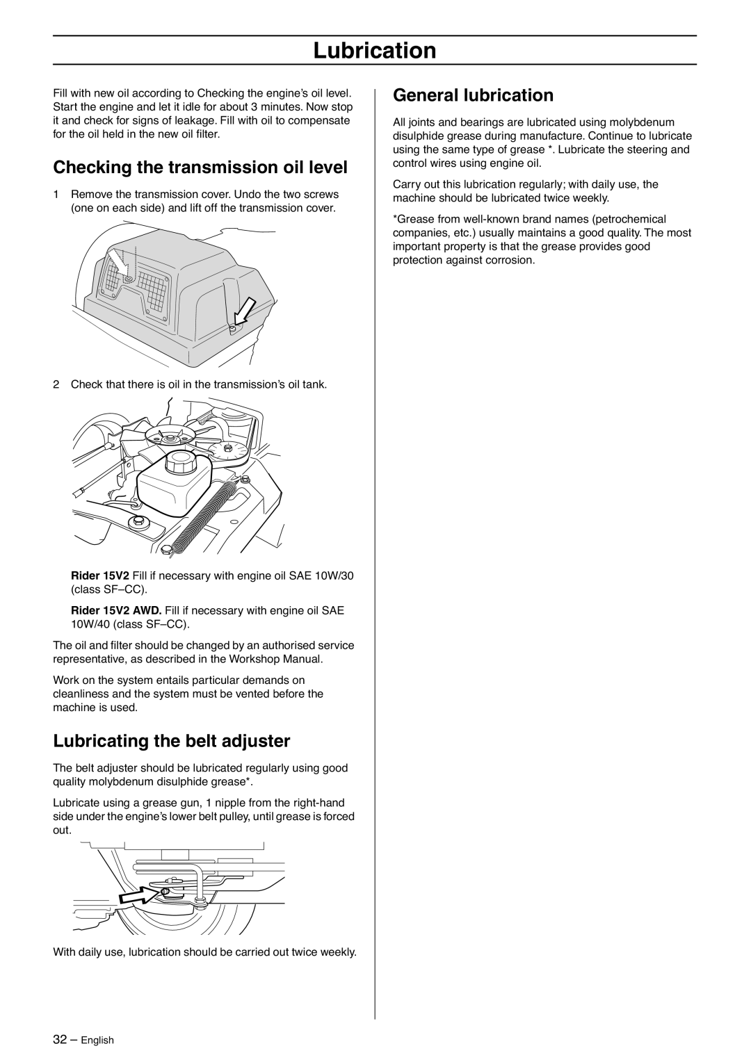 Husqvarna 15V2s AWD manual Checking the transmission oil level, Lubricating the belt adjuster, General lubrication 