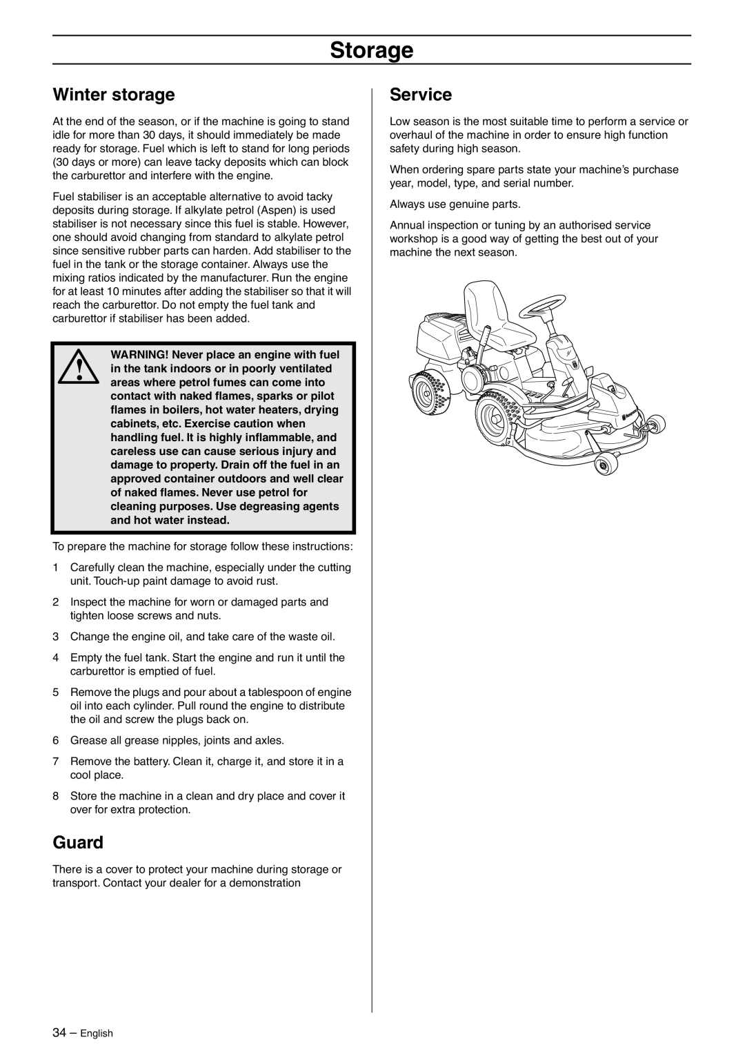 Husqvarna 15V2s AWD manual Storage, Winter storage, Guard, Service 