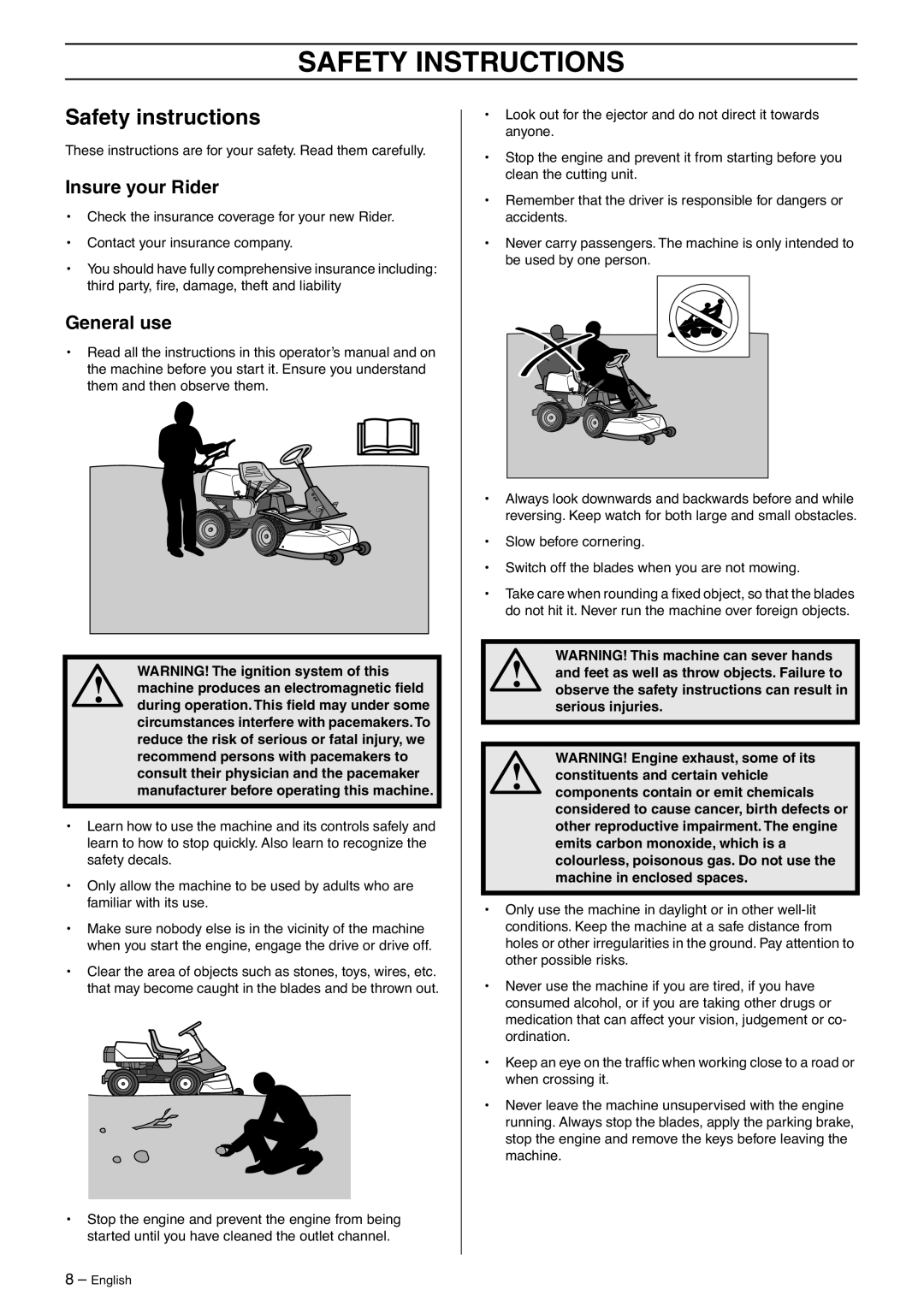 Husqvarna 15V2s AWD manual Safety Instructions, Safety instructions, Insure your Rider, General use 