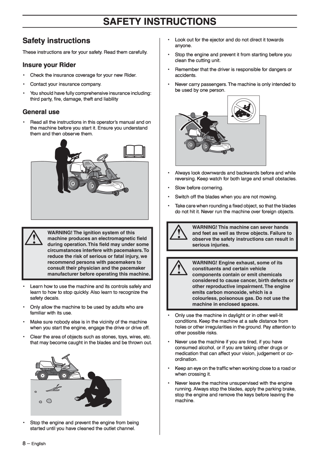 Husqvarna 15V2s AWD manual Safety Instructions, Safety instructions, Insure your Rider, General use 