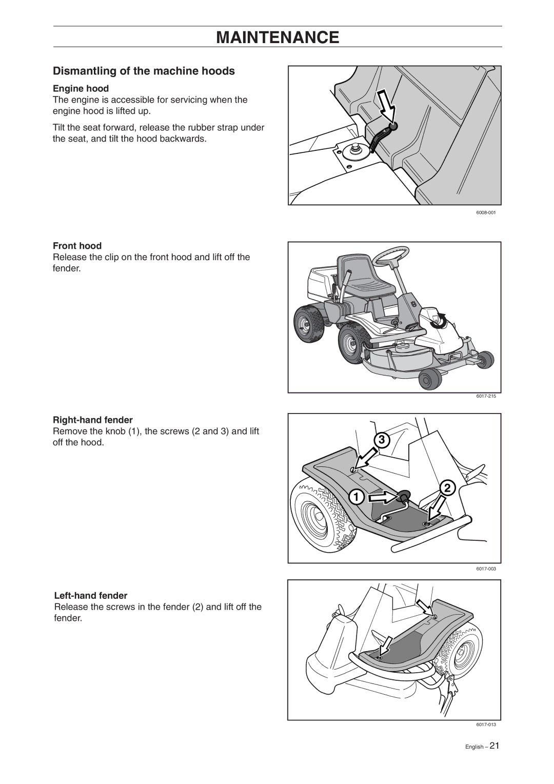 Husqvarna 16 manual Dismantling of the machine hoods, Engine hood, Front hood, Right-hand fender, Left-hand fender 