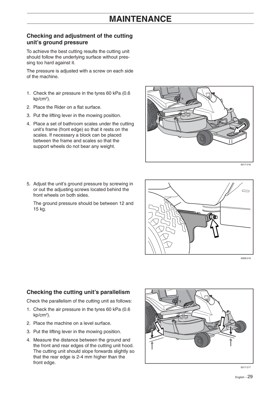 Husqvarna 16 manual Checking the cutting unit’s parallelism 