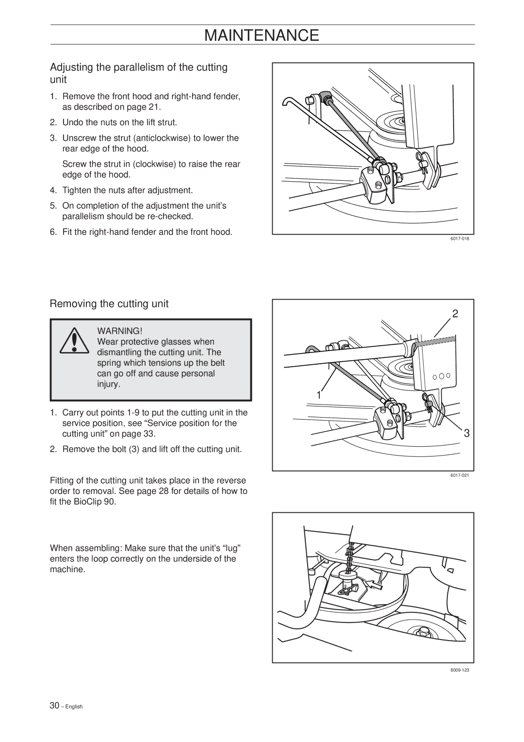 Husqvarna 16 manual Adjusting the parallelism of the cutting unit, Removing the cutting unit 