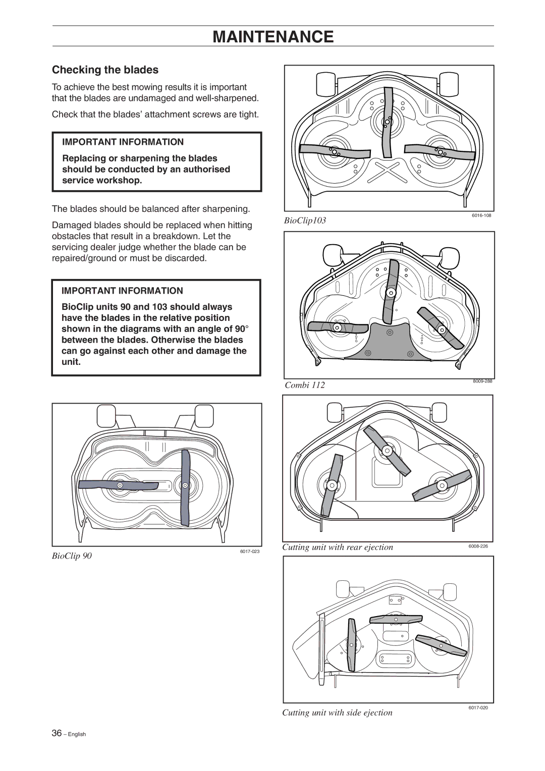 Husqvarna 16 manual Checking the blades 