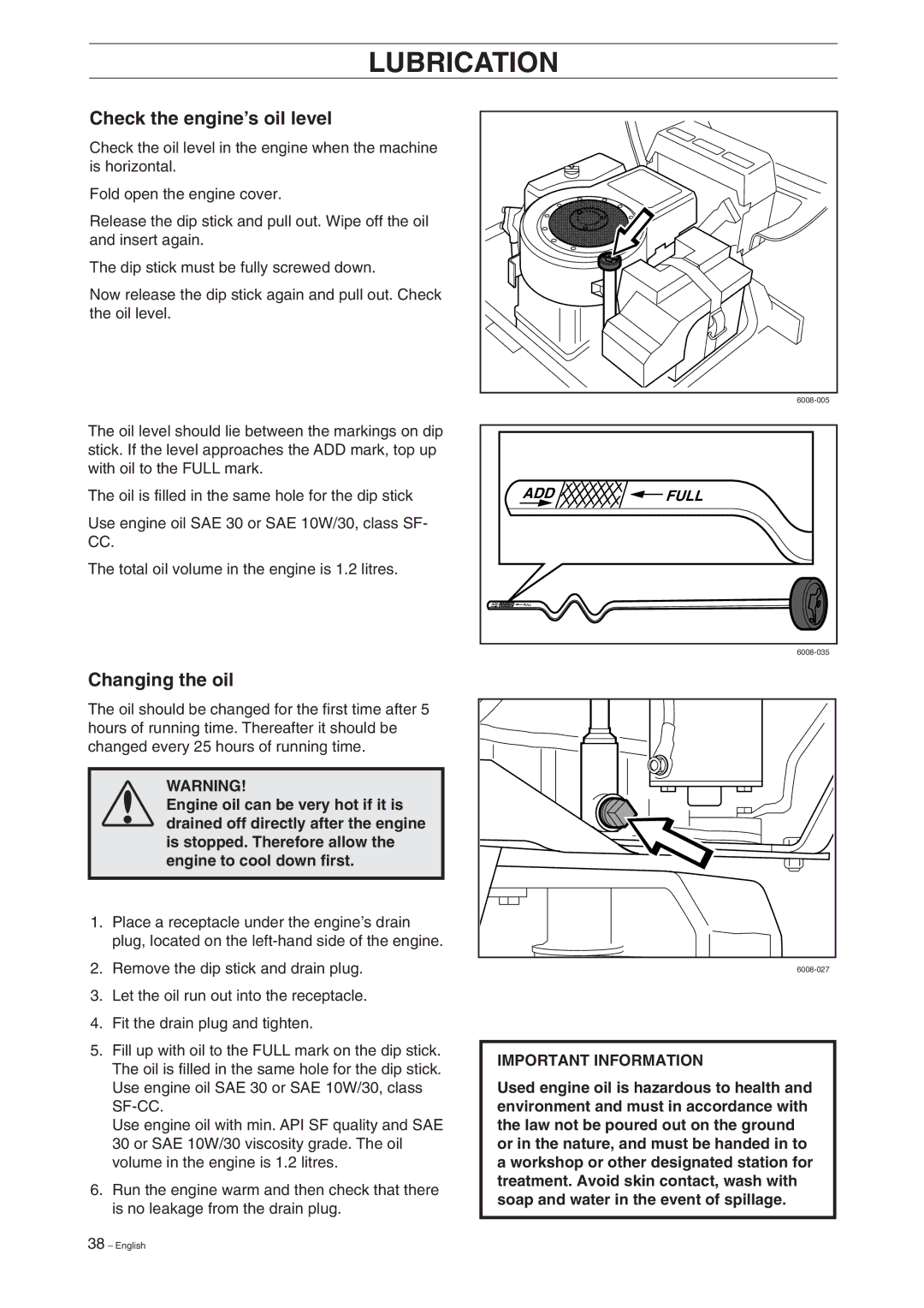 Husqvarna 16 manual Lubrication, Check the engine’s oil level, Changing the oil 