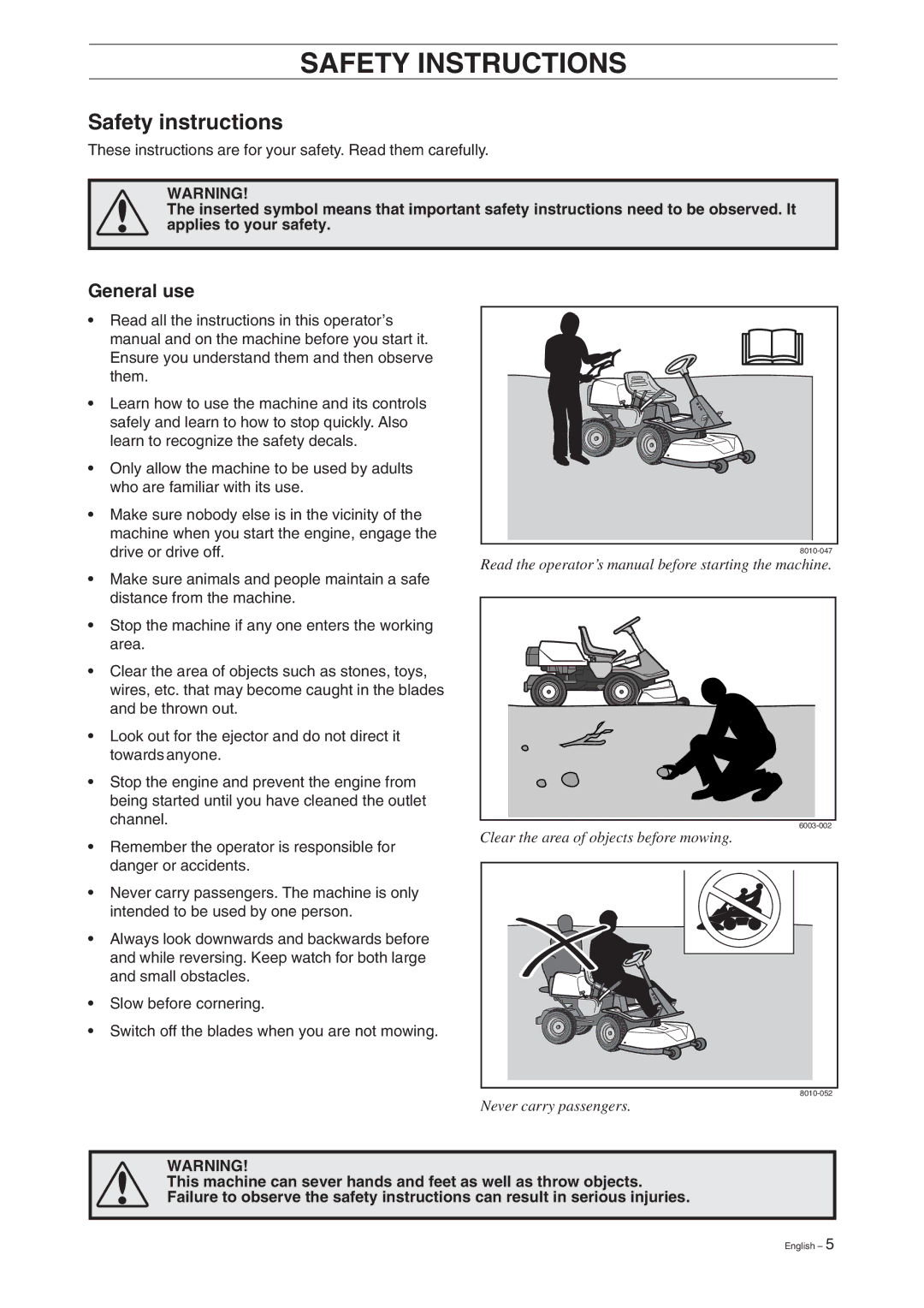 Husqvarna 16 manual Safety instructions, General use 