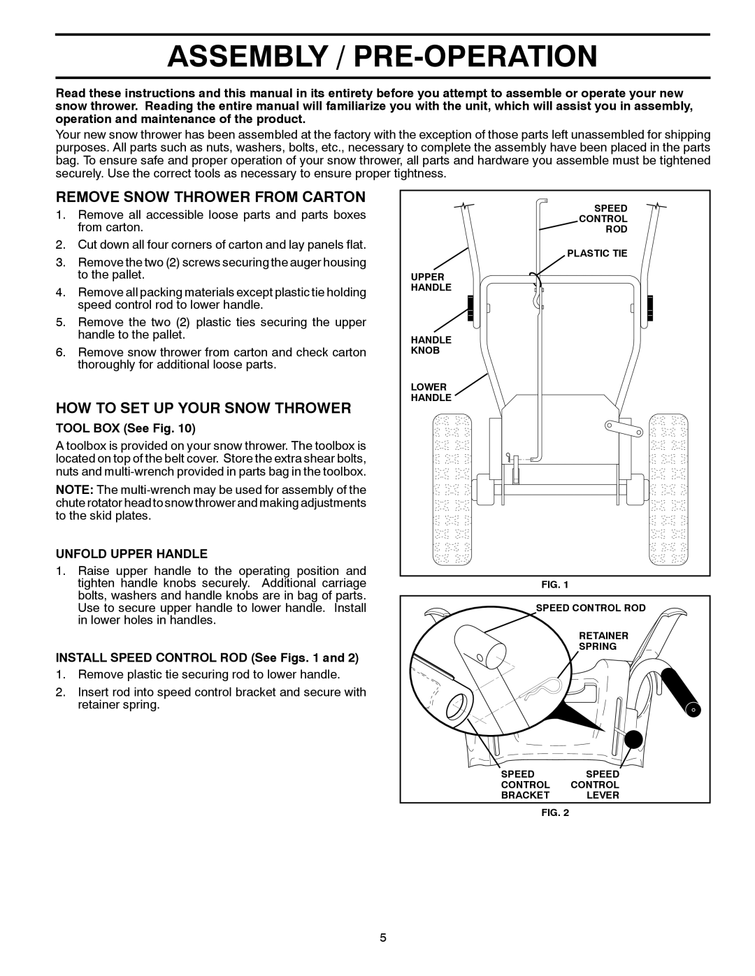 Husqvarna 96193006901 manual Assembly / Pre-Operation, Remove Snow Thrower From Carton, How To Set Up Your Snow Thrower 