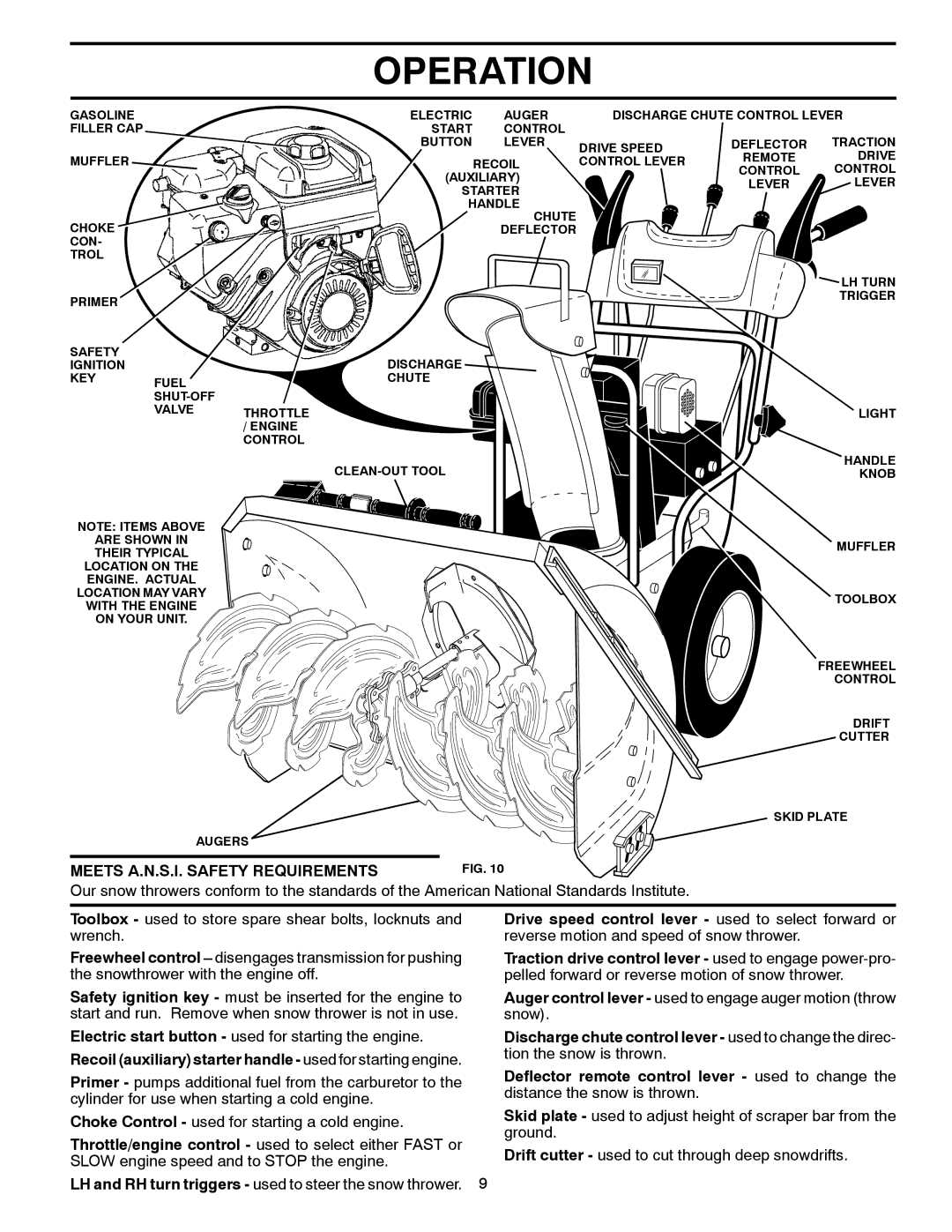 Husqvarna 16530 EXL manual Meets A.N.S.I. Safety Requirements, Recoil auxiliary starter handle used for starting engine 