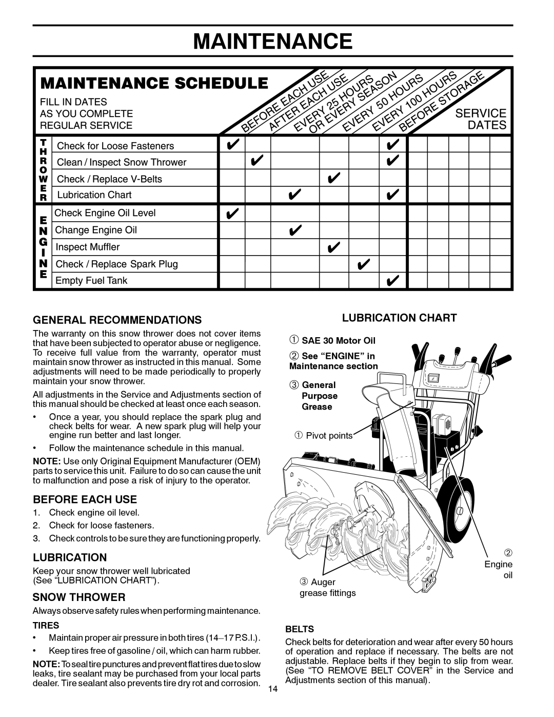 Husqvarna 16530-LS manual Maintenance, General Recommendations, Before Each Use, Snow Thrower, Lubrication Chart, Tires 