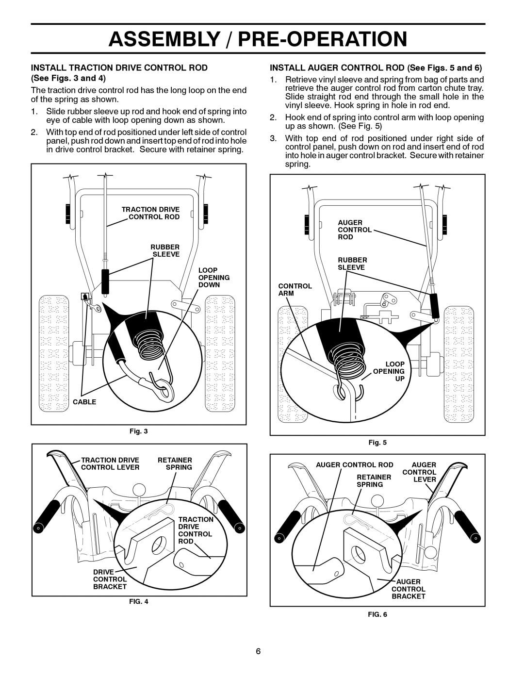 Husqvarna 16530-LS manual Install Traction Drive Control ROD See Figs, Install Auger Control ROD See Figs 