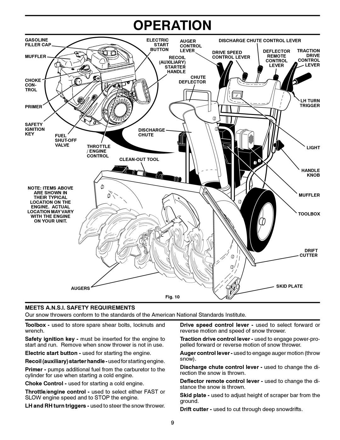 Husqvarna 16530-LS manual Meets A.N.S.I. Safety Requirements, Recoil auxiliary starter handle used for starting engine 