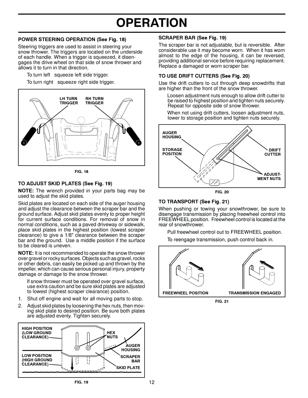 Husqvarna 16530-XLS manual Power Steering Operation See Fig, To Adjust Skid Plates See Fig, Scraper BAR See Fig 