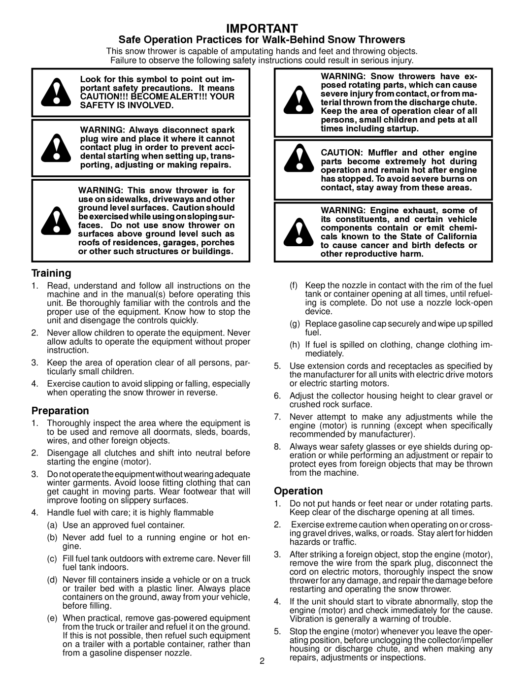 Husqvarna 16530-XLS manual Safe Operation Practices for Walk-Behind Snow Throwers 