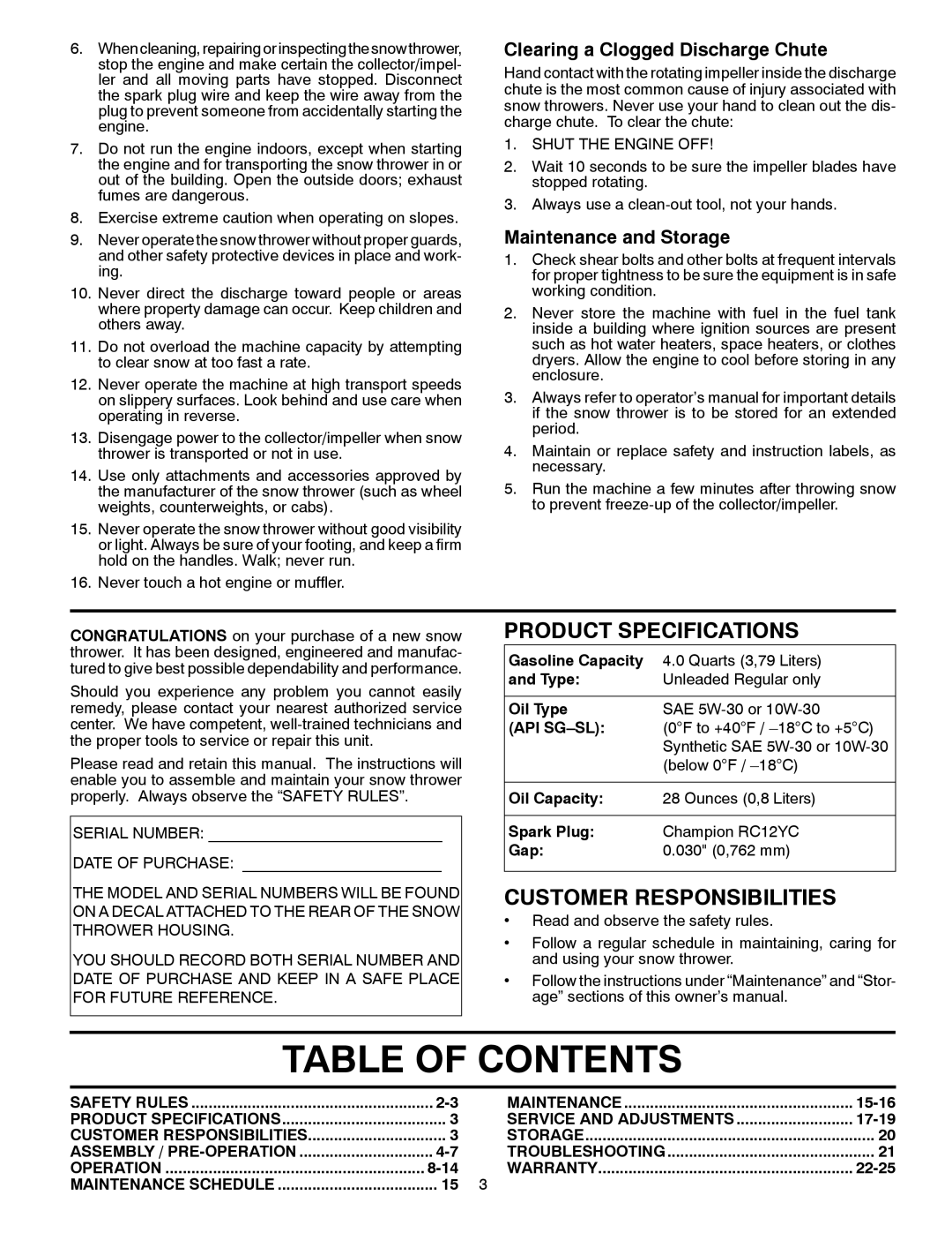 Husqvarna 16530-XLS manual Table of Contents 