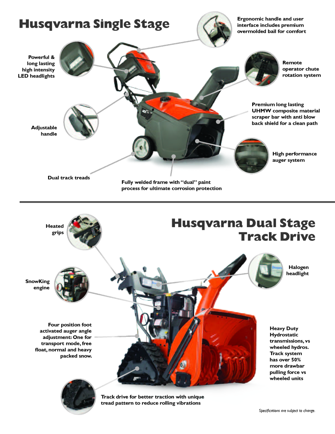 Husqvarna 16530EXLT manual Adjustable handle Dual track treads, Remote operator chute rotation system, Halogen headlight 