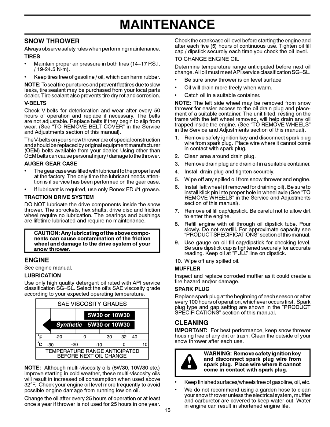 Husqvarna 16530SB-XLS manual Snow Thrower, Engine, Cleaning 