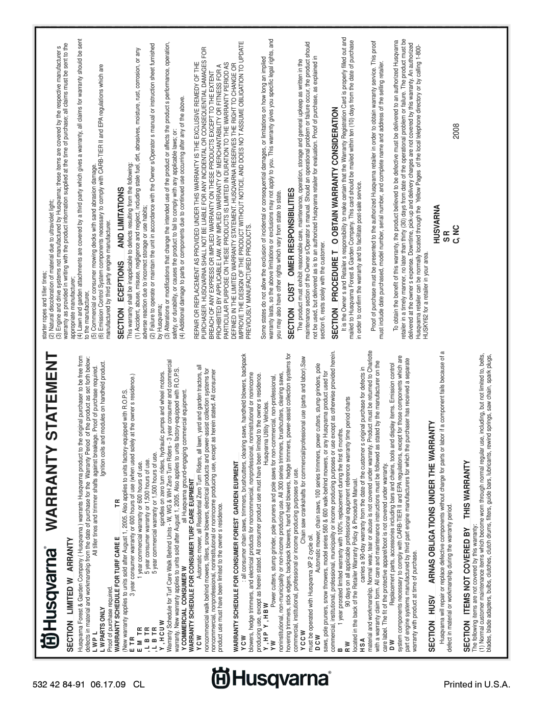 Husqvarna 16530SB-XLS manual Warranty Statement 