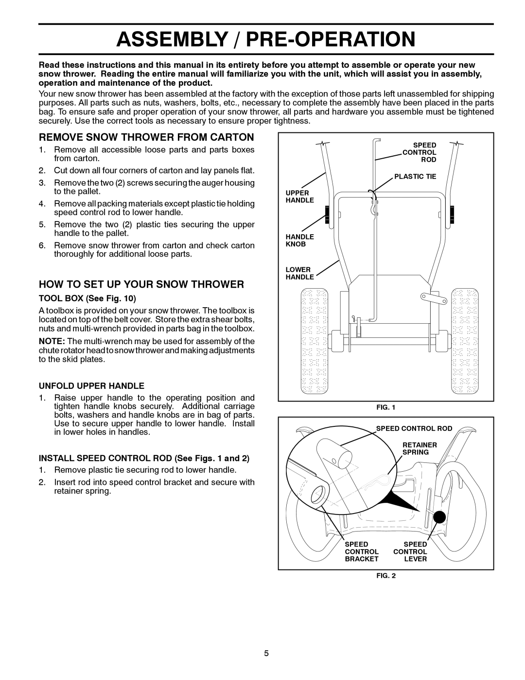 Husqvarna 16530SB-XLS manual Assembly / PRE-OPERATION, Remove Snow Thrower from Carton, HOW to SET UP Your Snow Thrower 