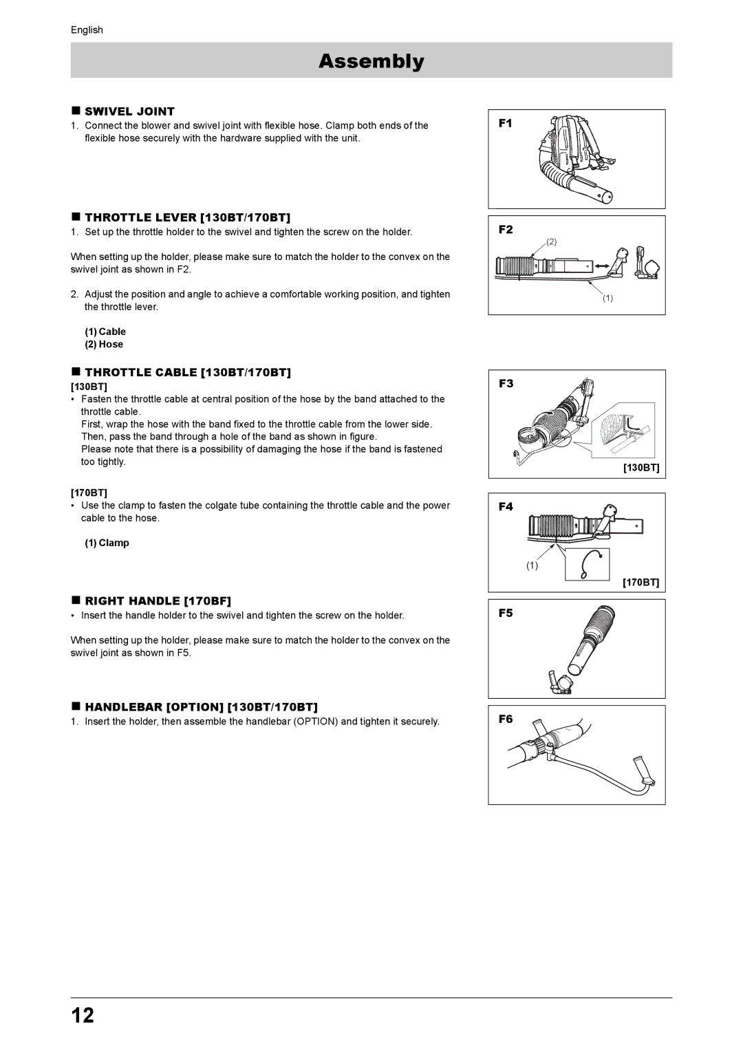 Husqvarna 170BT, 170BF manual Assembly 