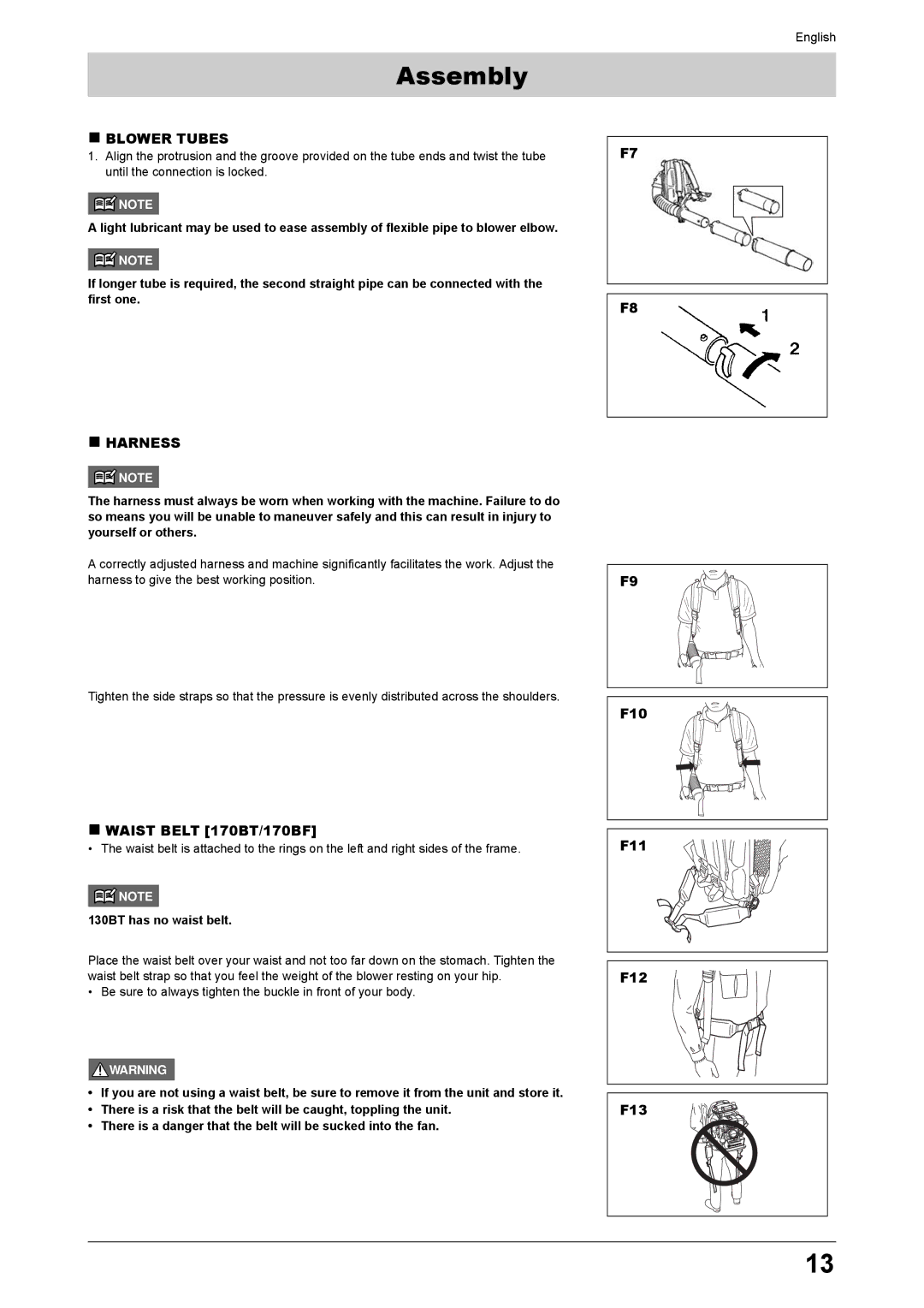 Husqvarna 170BT, 170BF manual „ Blower Tubes, „ Harness, 130BT has no waist belt 