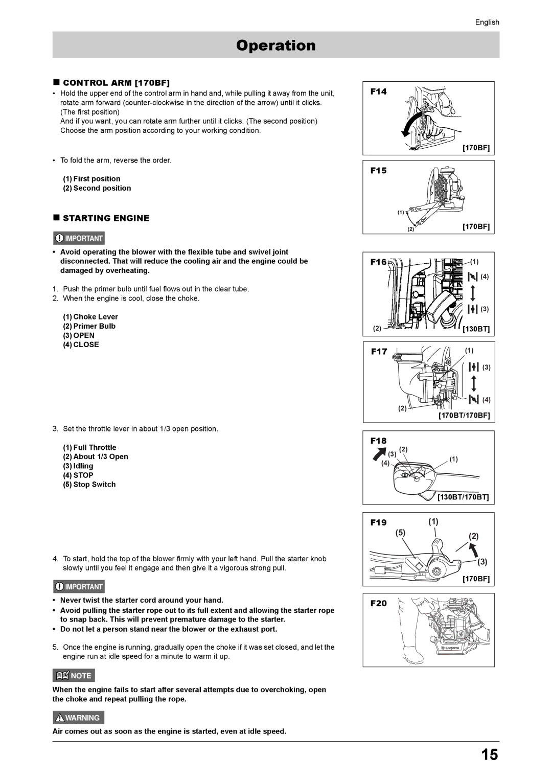 Husqvarna 170BT, 170BF manual Operation, „ Control ARM 170BF, „ Starting Engine, Close 
