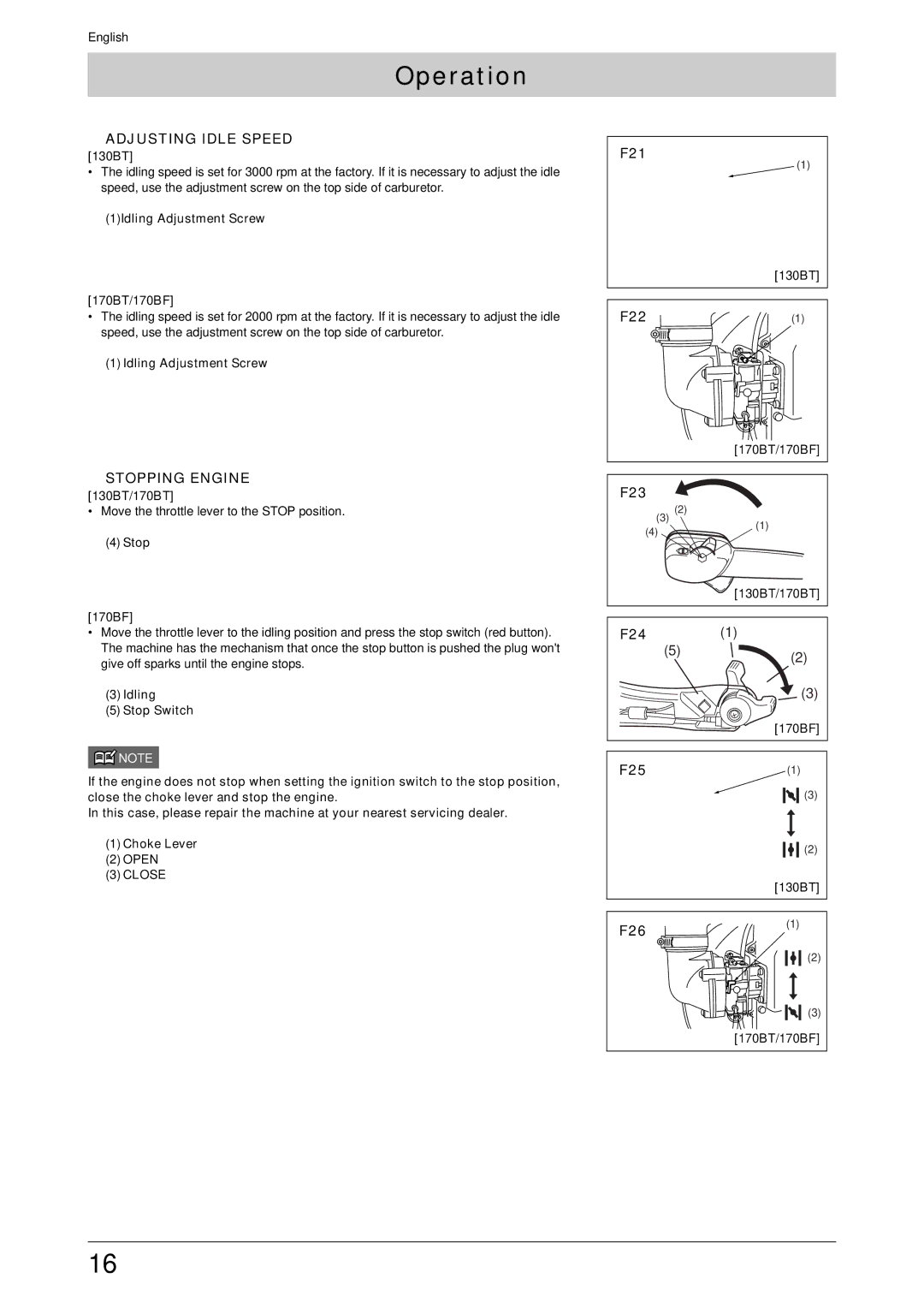 Husqvarna 170BT, 170BF manual „ Adjusting Idle Speed, „ Stopping Engine, 1Idling Adjustment Screw 170BT/170BF, Stop 170BF 