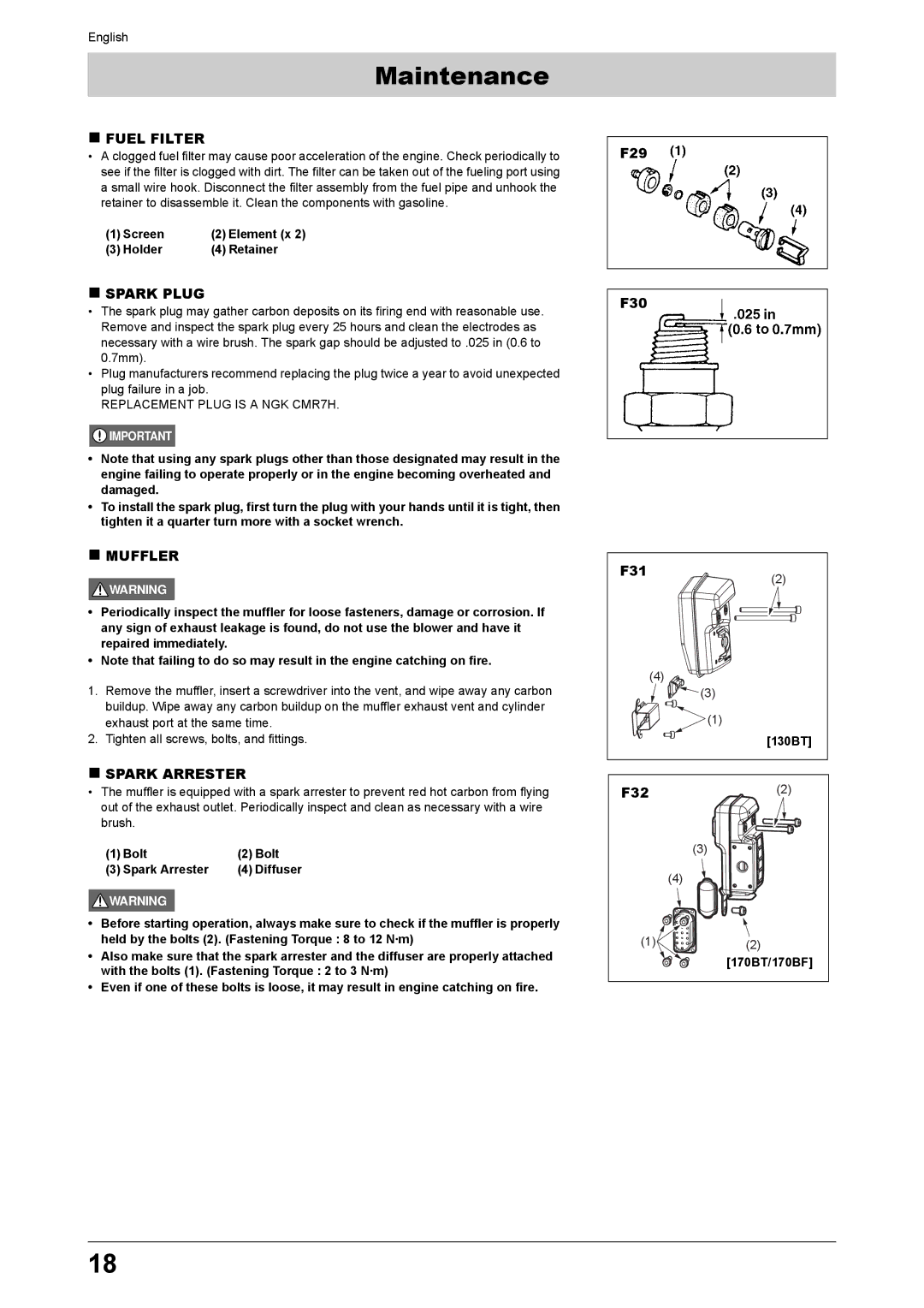 Husqvarna 170BT, 170BF manual „ Fuel Filter, „ Spark Plug, „ Muffler, „ Spark Arrester 