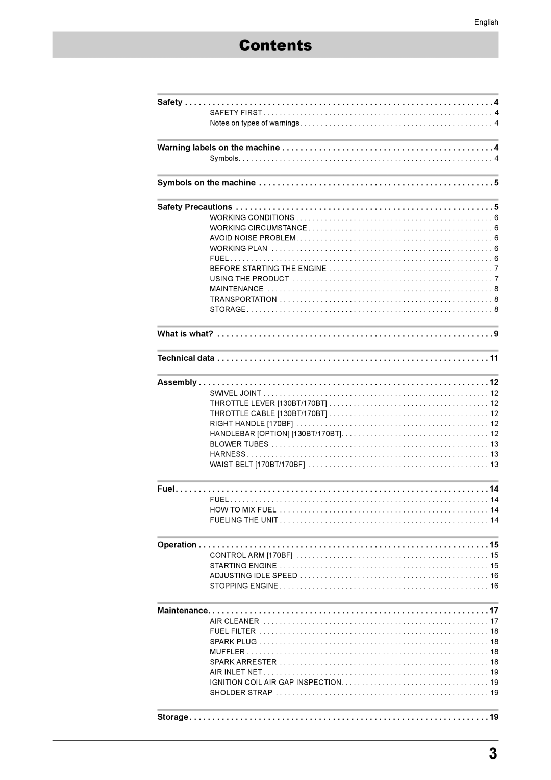 Husqvarna 170BT, 170BF manual Contents 