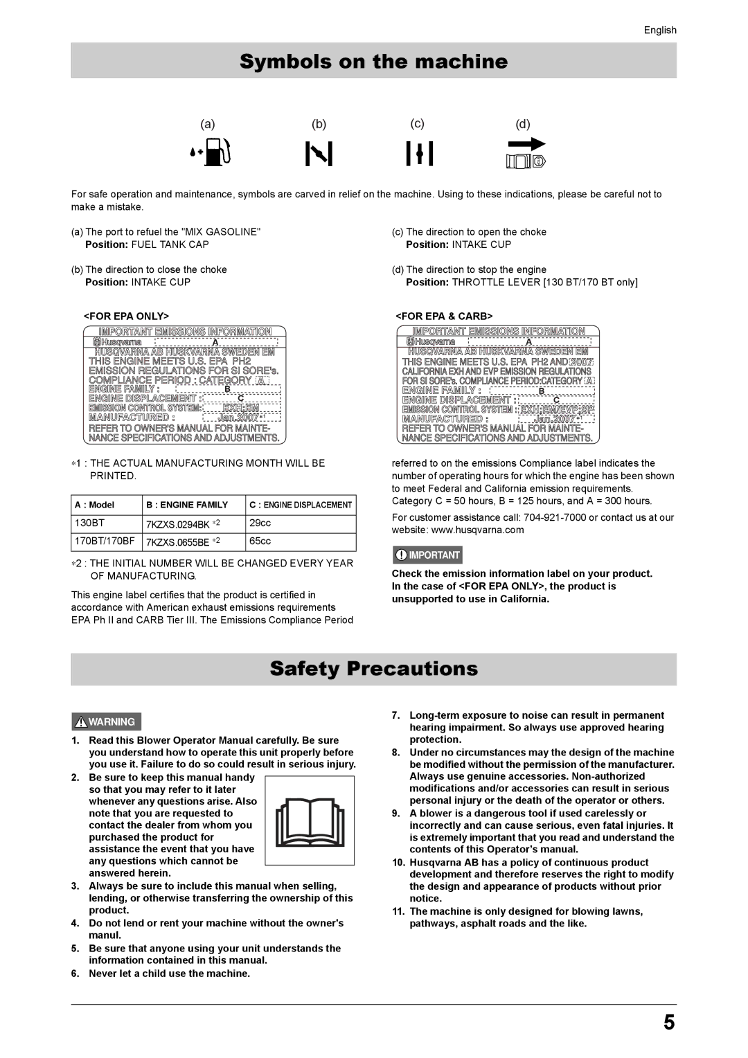 Husqvarna 170BT, 170BF manual Symbols on the machine, Safety Precautions, Position Intake CUP, For EPA only For EPA & Carb 