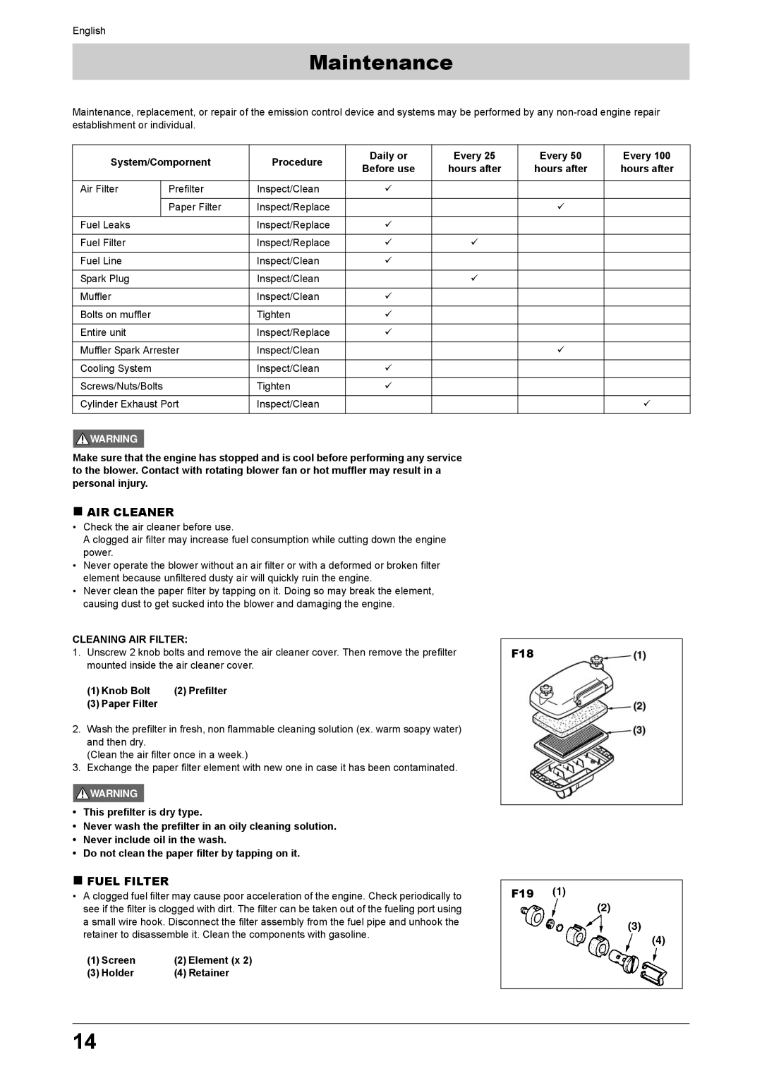 Husqvarna 170BT manual Maintenance, „ AIR Cleaner, „ Fuel Filter, Cleaning AIR Filter 