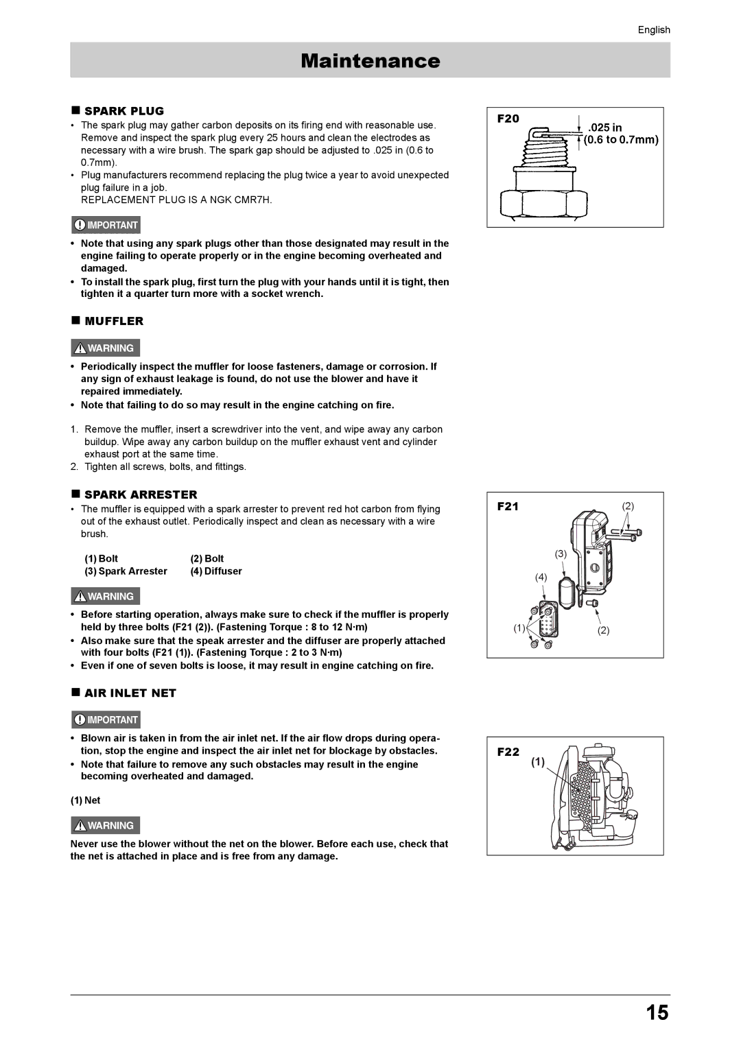 Husqvarna 170BT manual „ Spark Plug, „ Muffler, „ Spark Arrester, „ AIR Inlet NET, Bolt Spark Arrester 