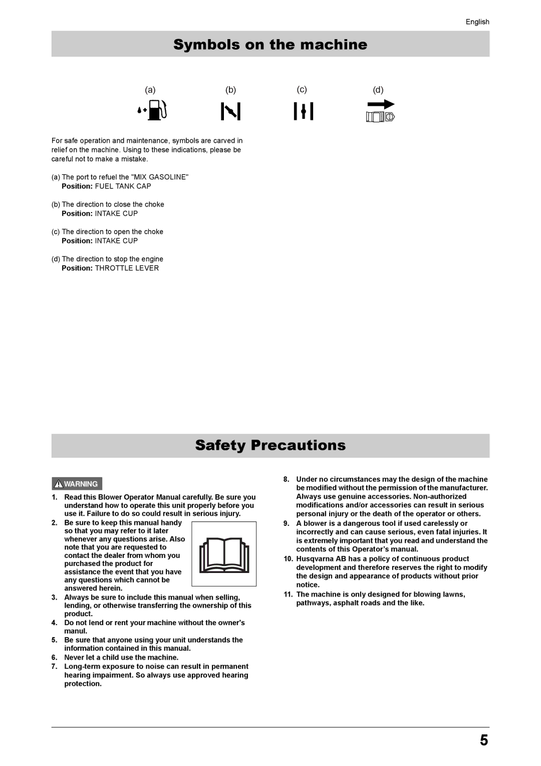 Husqvarna 170BT manual Symbols on the machine, Safety Precautions 