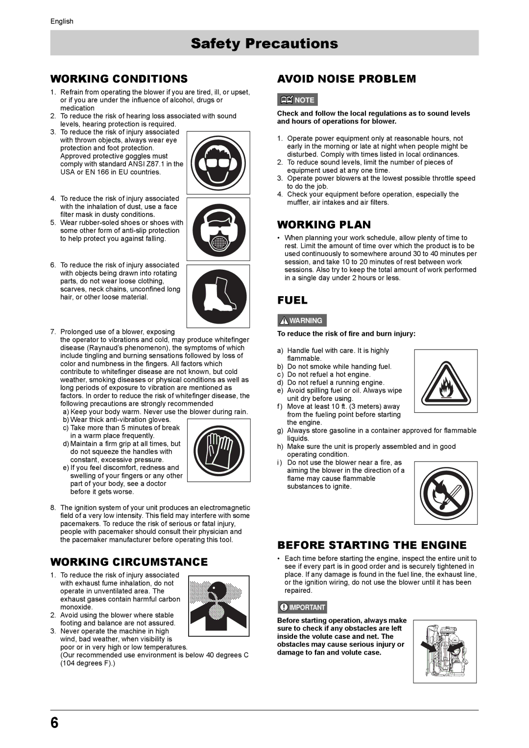 Husqvarna 170BT manual Working Conditions, To reduce the risk of fire and burn injury 